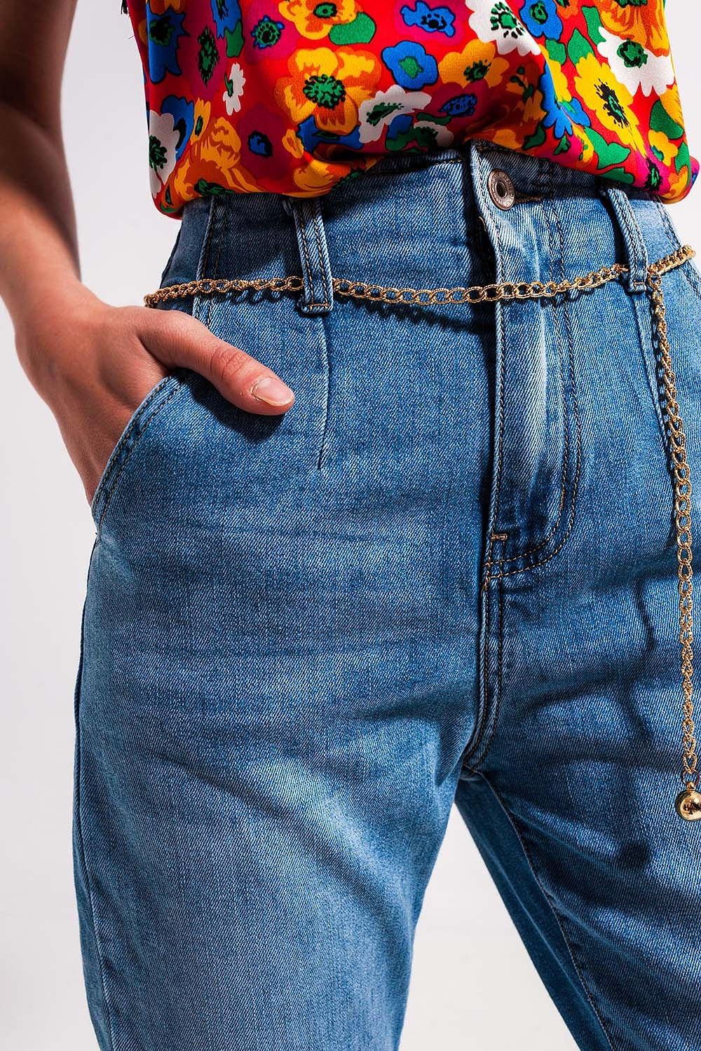 High rise straight leg belt detail jeans in light wash Szua Store