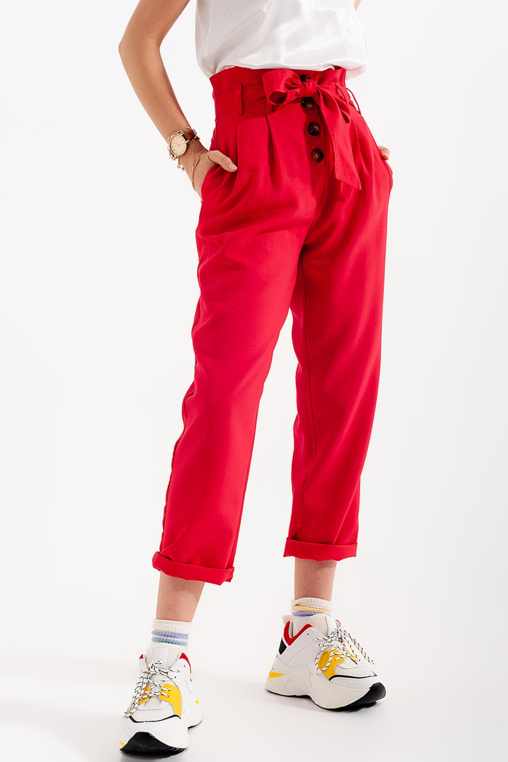 High waist belted paperbag trousers in red Szua Store