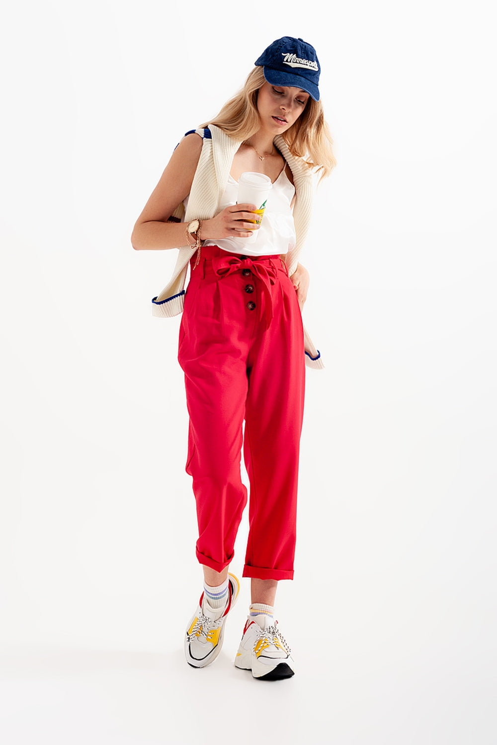 High waist belted paperbag trousers in red Szua Store