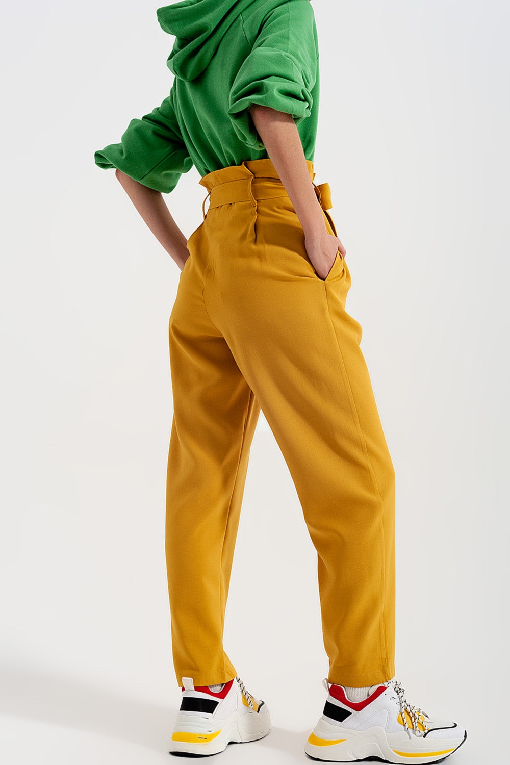 High waist belted paperbag trousers in yellow Szua Store