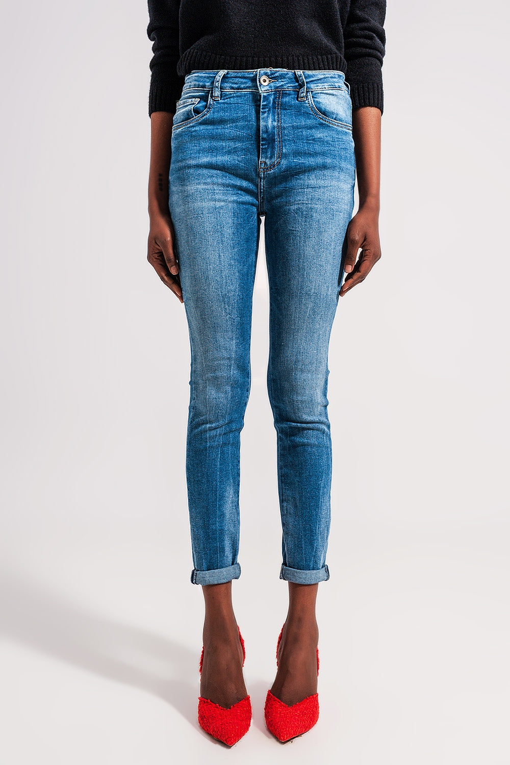 High waist Elastic skinny jeans in mid blue Szua Store