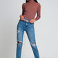 High waist mom jeans with ripped knees in dark wash blue Szua Store