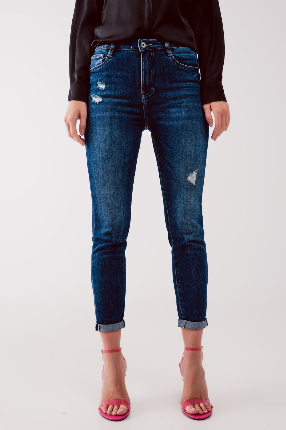 High waist ripped skinny jeans in midwash blue Szua Store