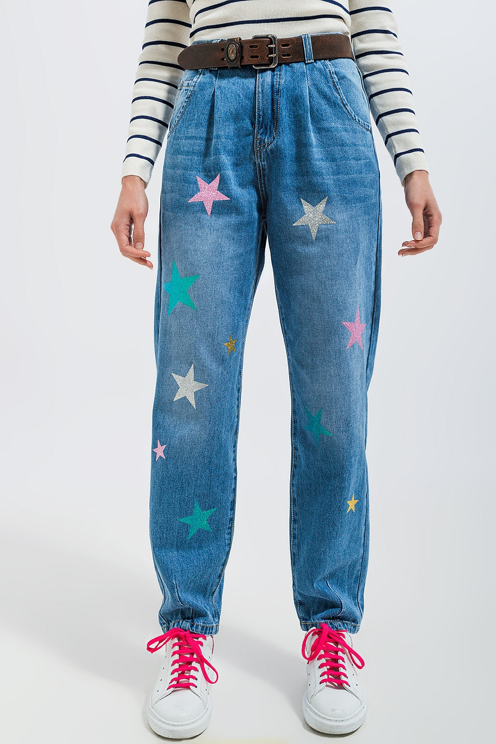 High waist slouch jean with pleat front with star print Szua Store