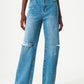 Q2 high waist straight leg jeans with ripped knee in blue