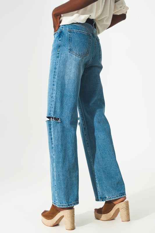 high waist straight leg jeans with ripped knee in blue - Szua Store