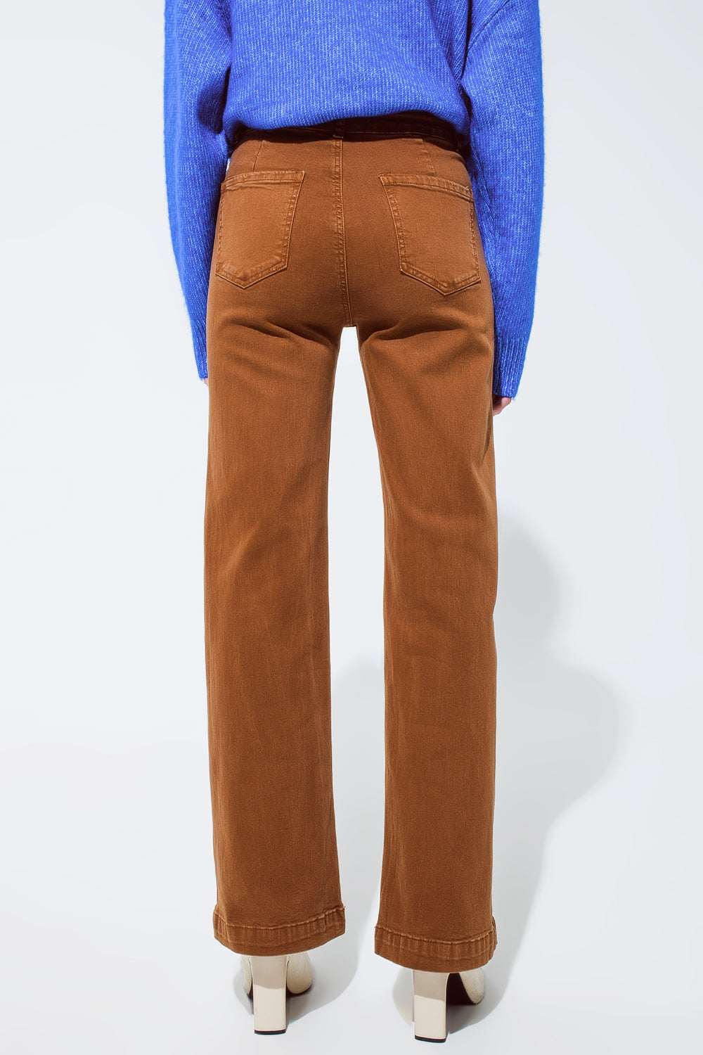 High waisted front pockets flare jeans in camel