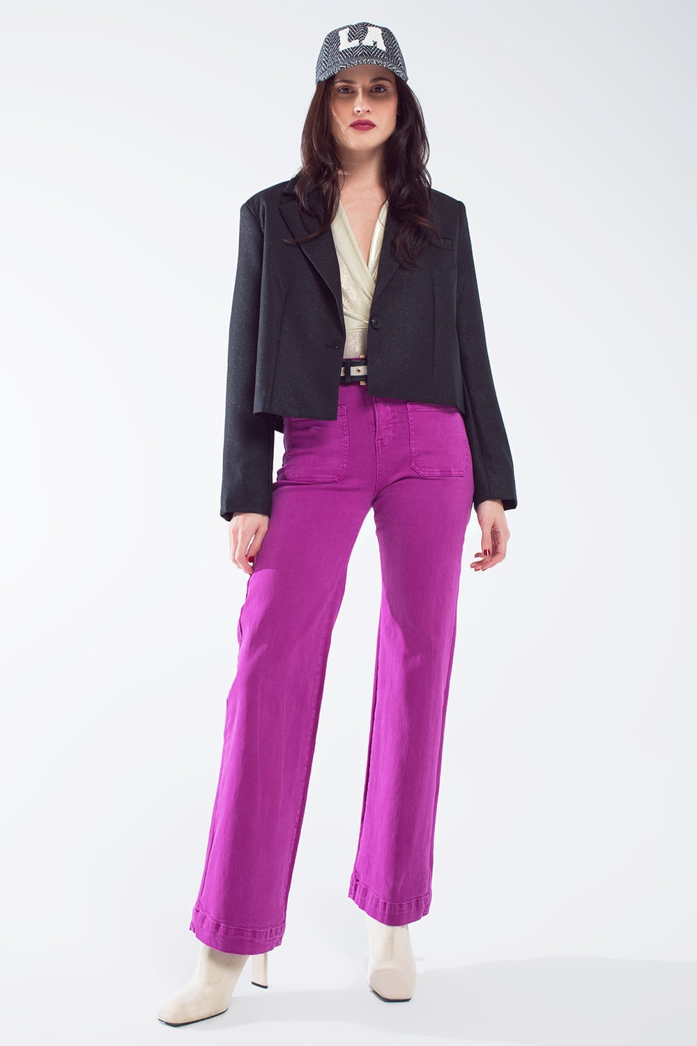 High waisted front pockets flare jeans in magenta