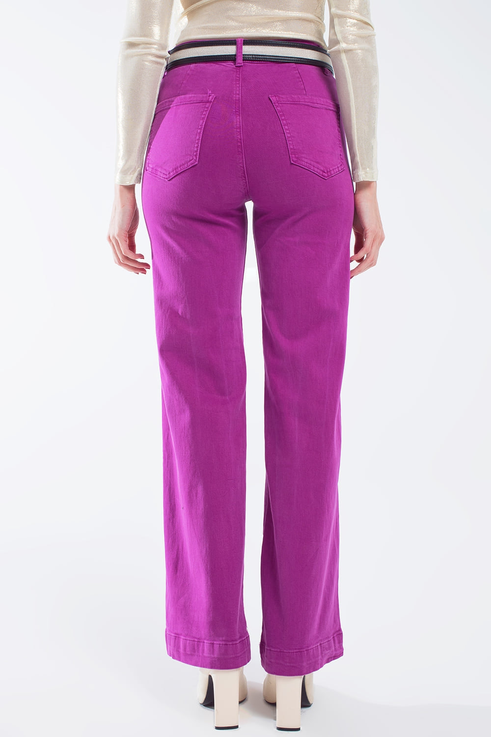 High waisted front pockets flare jeans in magenta