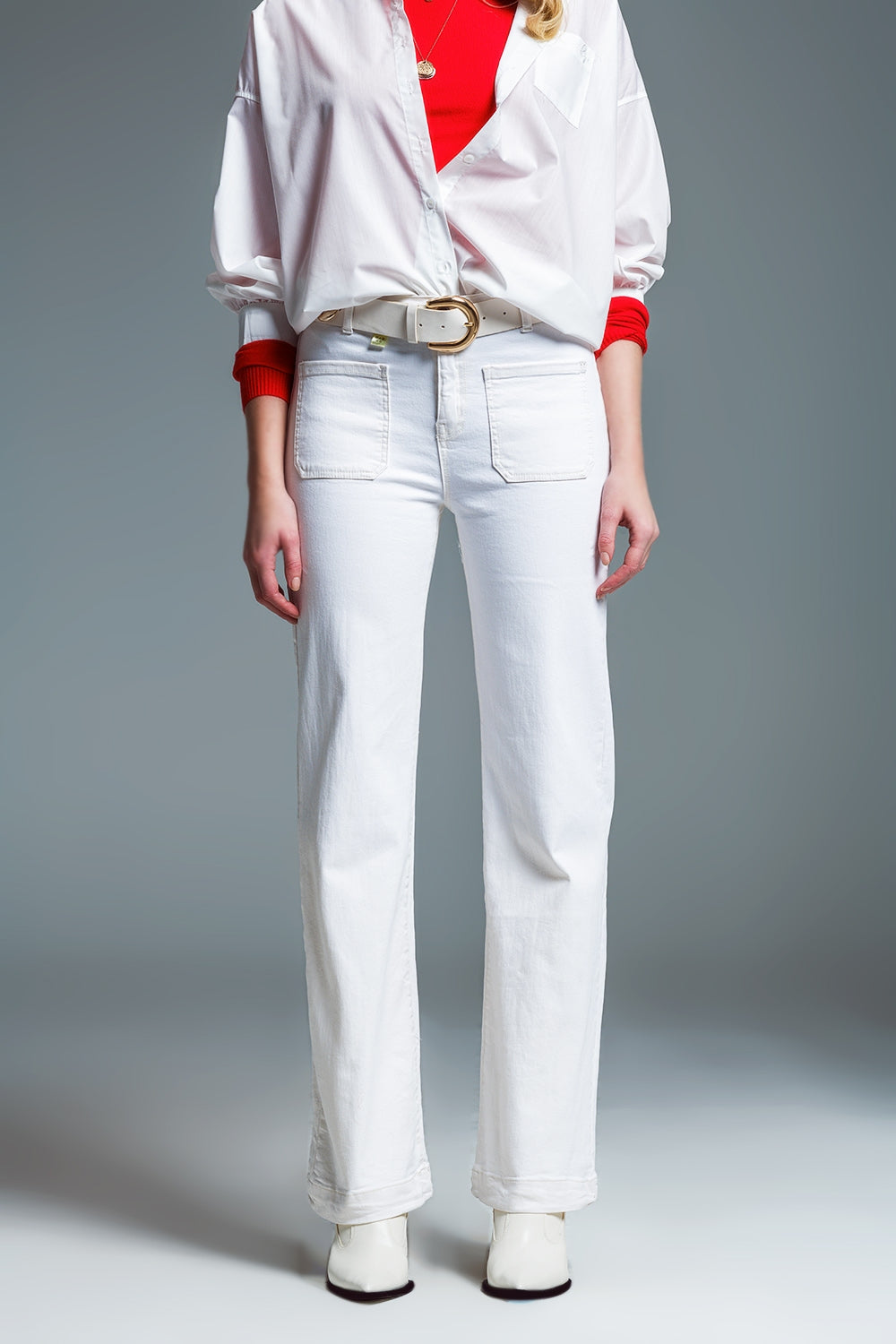 Q2 high waisted front pockets flare jeans in white
