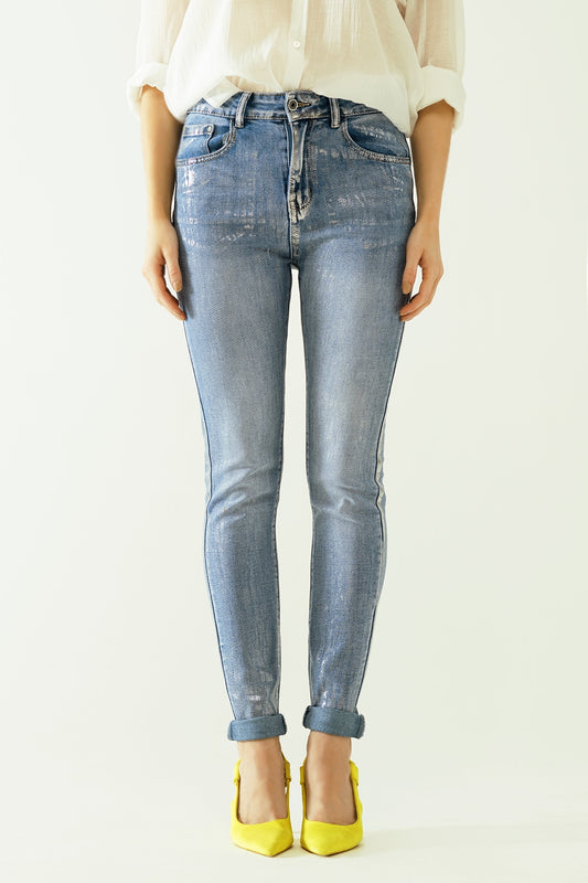 Q2 High-waisted jeans with five pockets with silver powder-coated effect