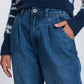 High waisted mom jeans with two ruffles in the waistline in dark wash blue Szua Store