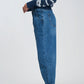 High waisted mom jeans with two ruffles in the waistline in dark wash blue Szua Store