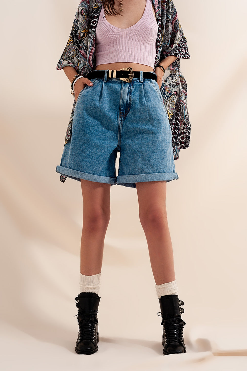 High waisted pleated denim shorts in mid wash Szua Store