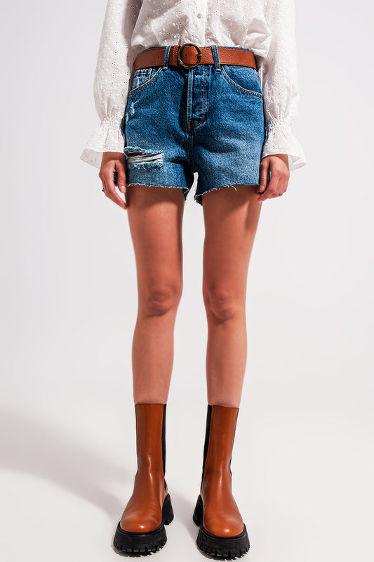 High waisted ripped denim shorts in mid wash Szua Store