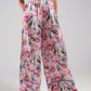 High waisted satin wide leg pants in pink floral Szua Store