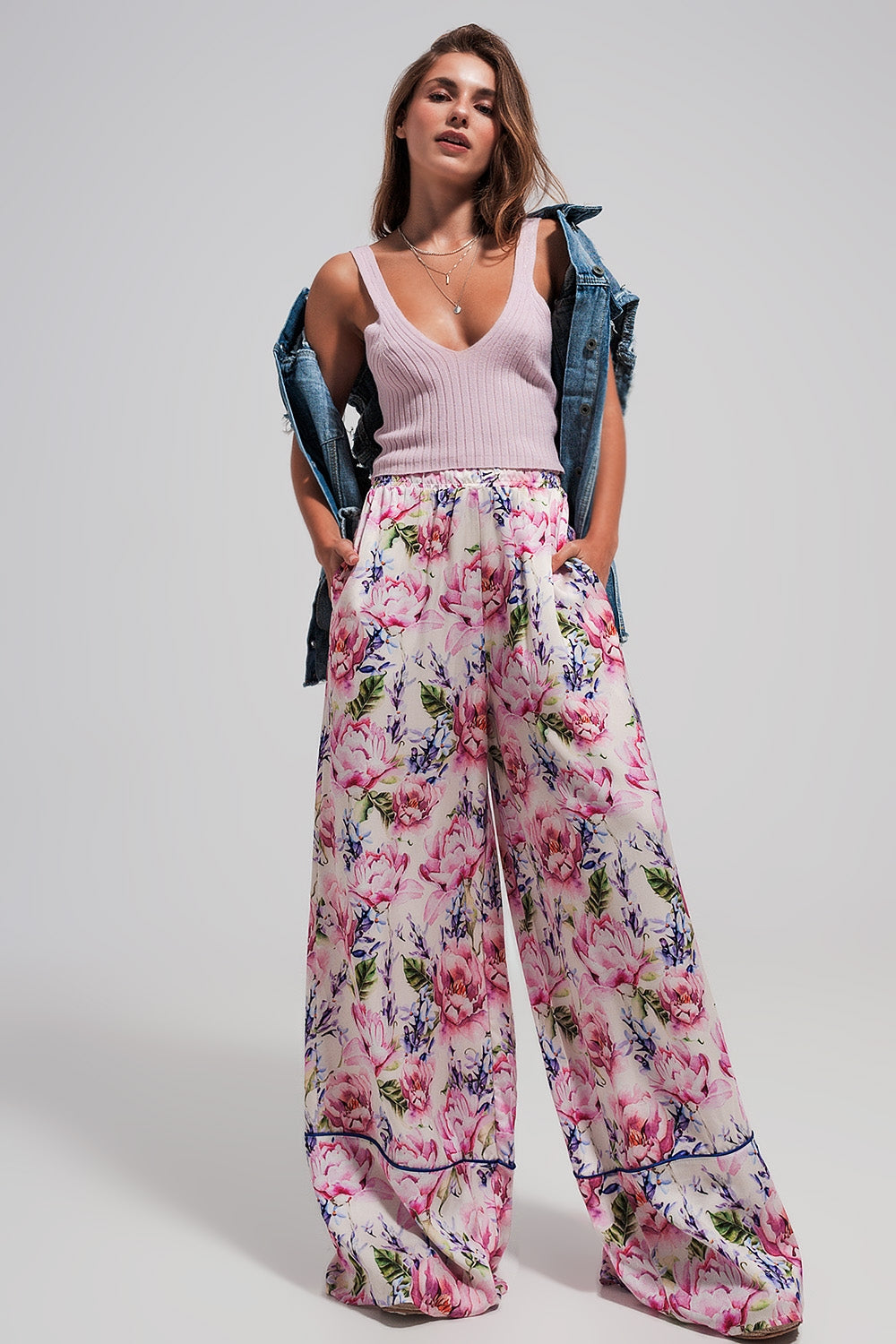High waisted satin wide leg pants in pink floral Szua Store