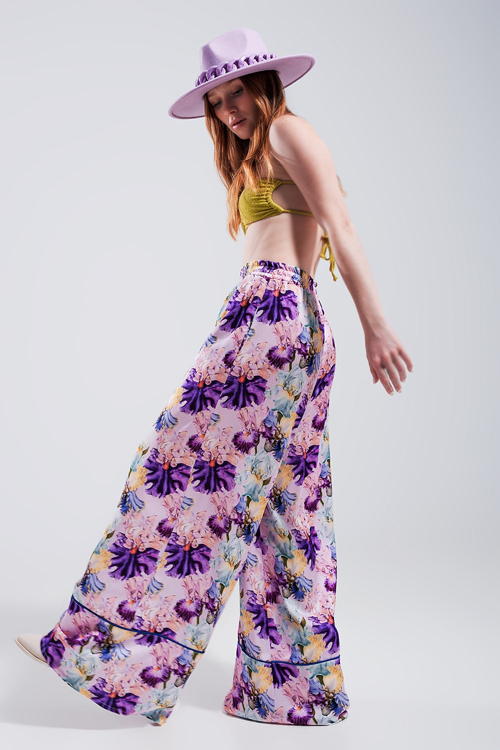 High waisted satin wide leg pants in purple floral Szua Store