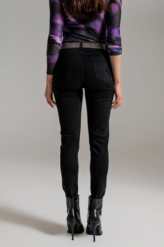 High waisted skinny jeans Distressed At The Hem in Black - Szua Store