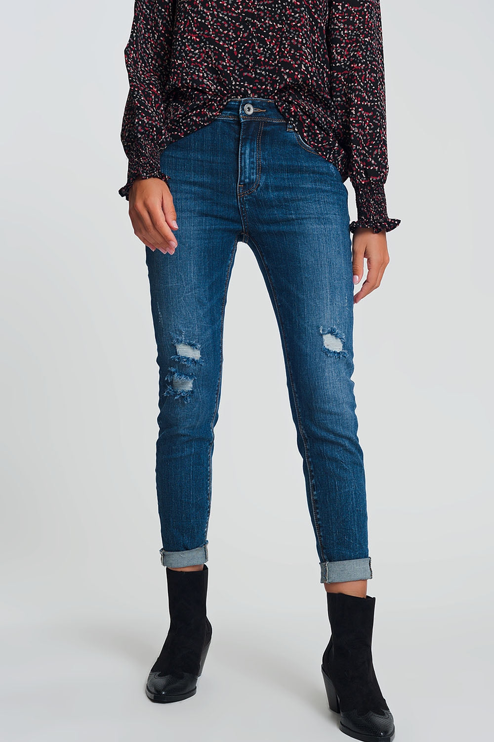 High waisted skinny jeans in dark wash blue with ripped details Szua Store