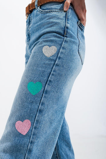 High waisted straight leg jean with heart print in mid wash Szua Store