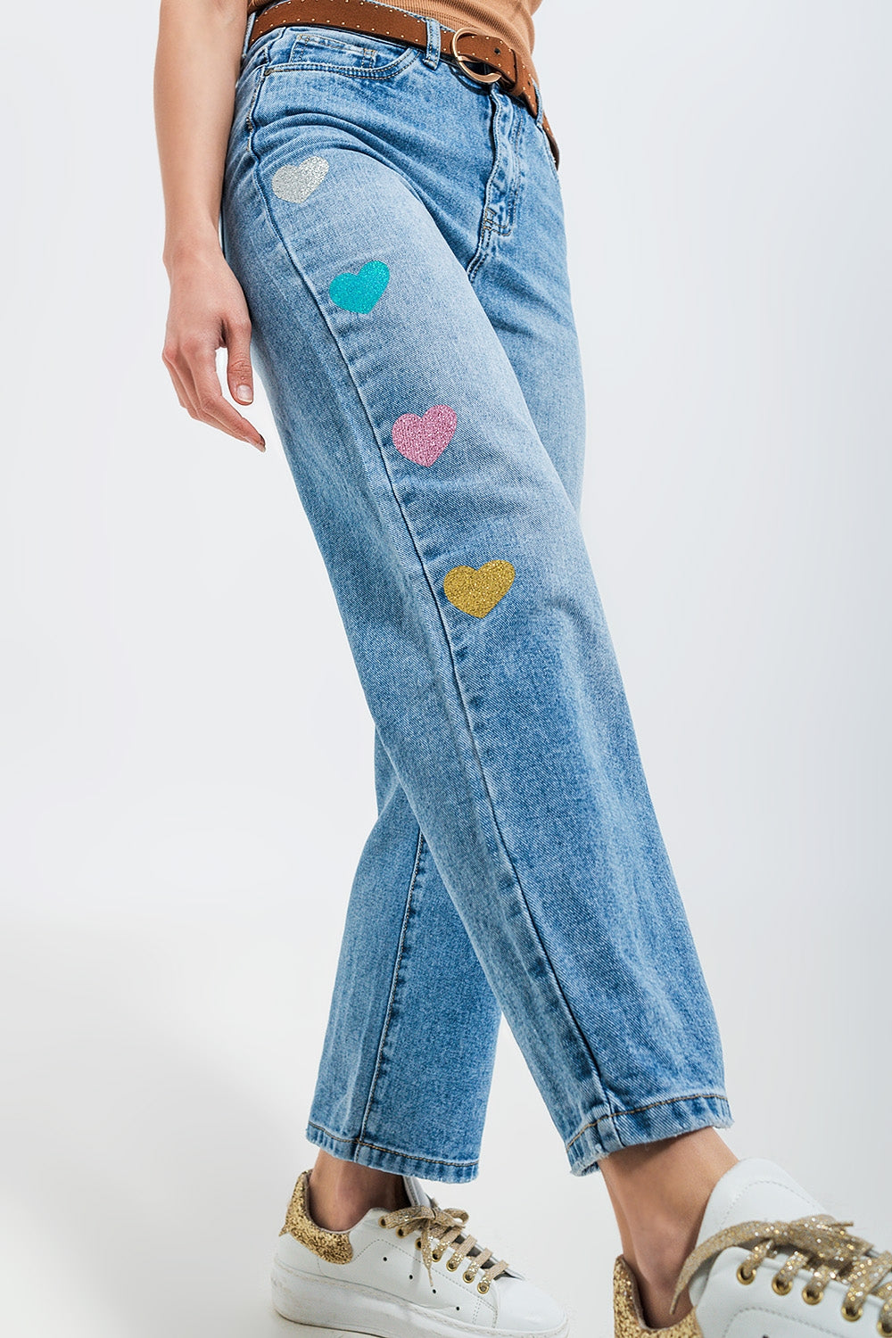 High waisted straight leg jean with heart print in mid wash Szua Store