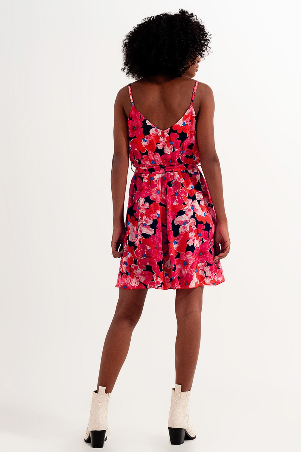 Hot pink short dress with flower print and straps Szua Store