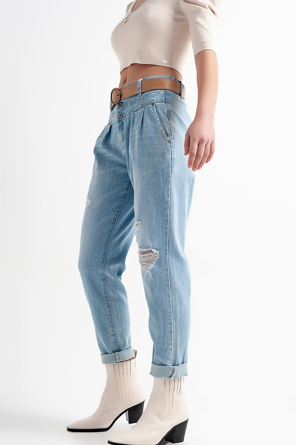 Jean with double waistband in blue with rips Szua Store