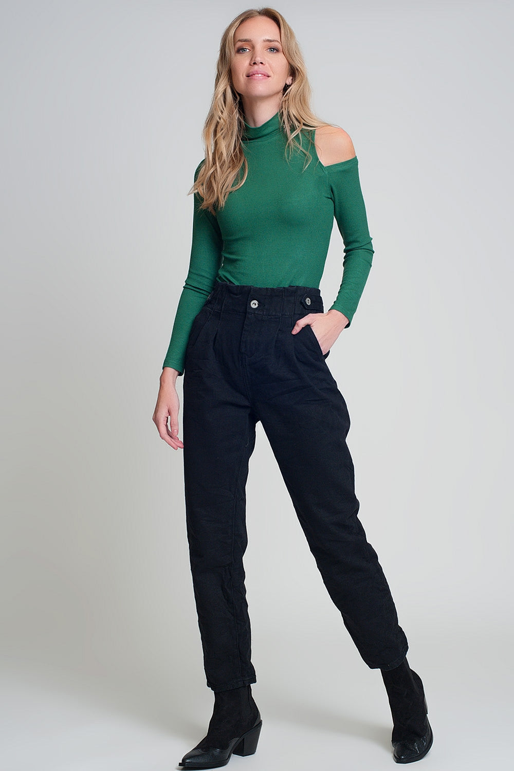Jeans with paper bag waist and button details in black Szua Store