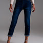 Q2 Jeans With strass Fringe At Pockets In Dark Wash