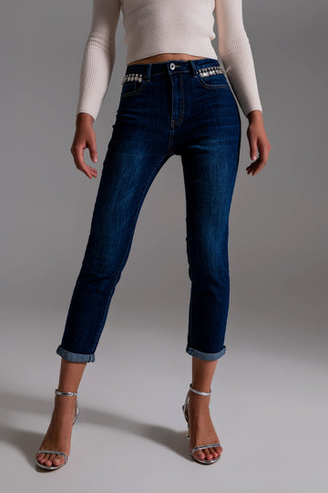 Q2 Jeans With strass Fringe At Pockets In Dark Wash