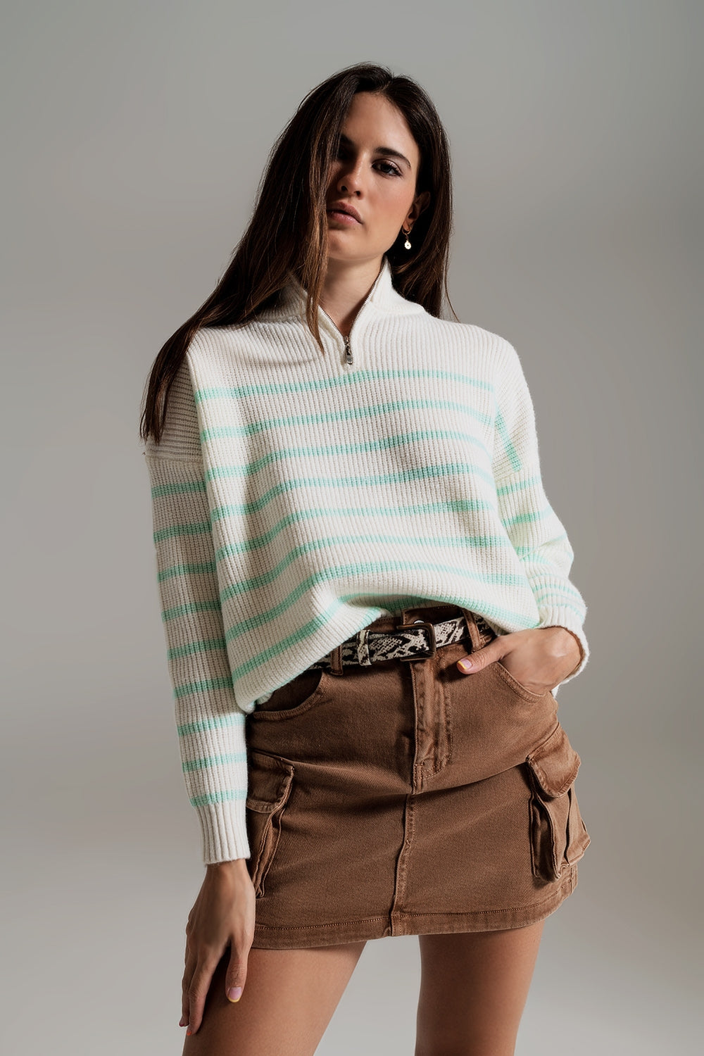 Q2 Jumper with zip neck in light green stripe