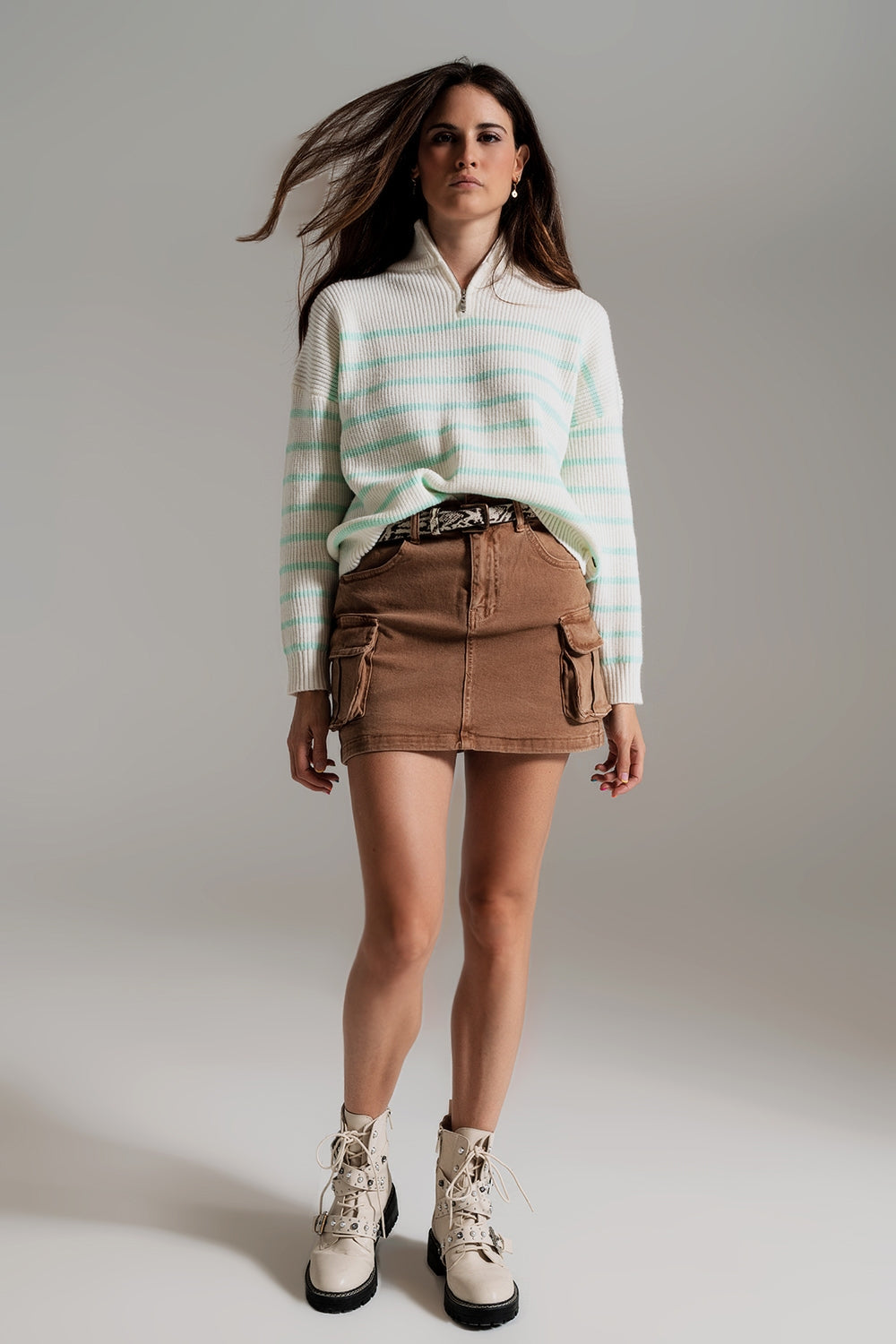 Jumper with zip neck in light green stripe - Szua Store