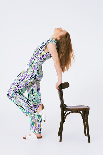 Q2 Jumpsuit With Smoking Collard in Multicolored Abstract Print