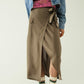 Khaki mid-length skirt with one pocket and a lace detail