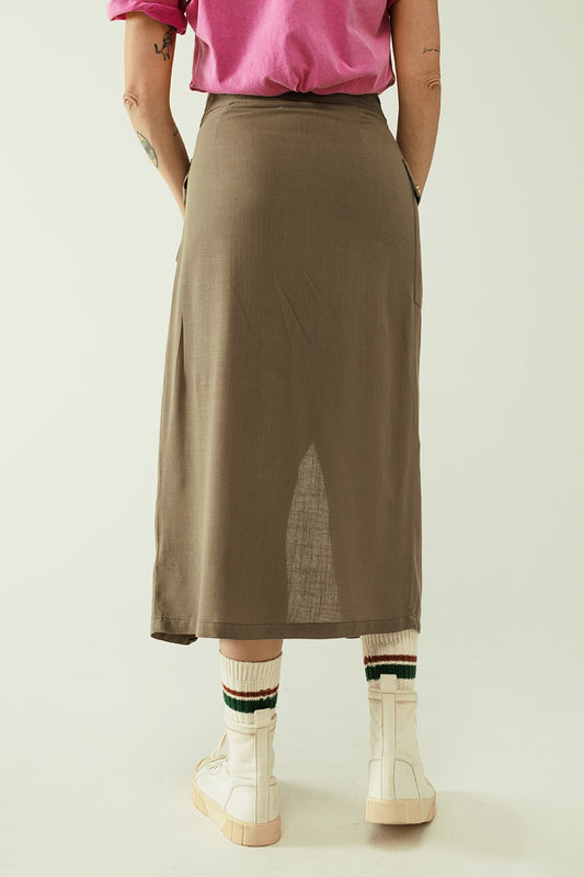 Khaki mid-length skirt with one pocket and a lace detail