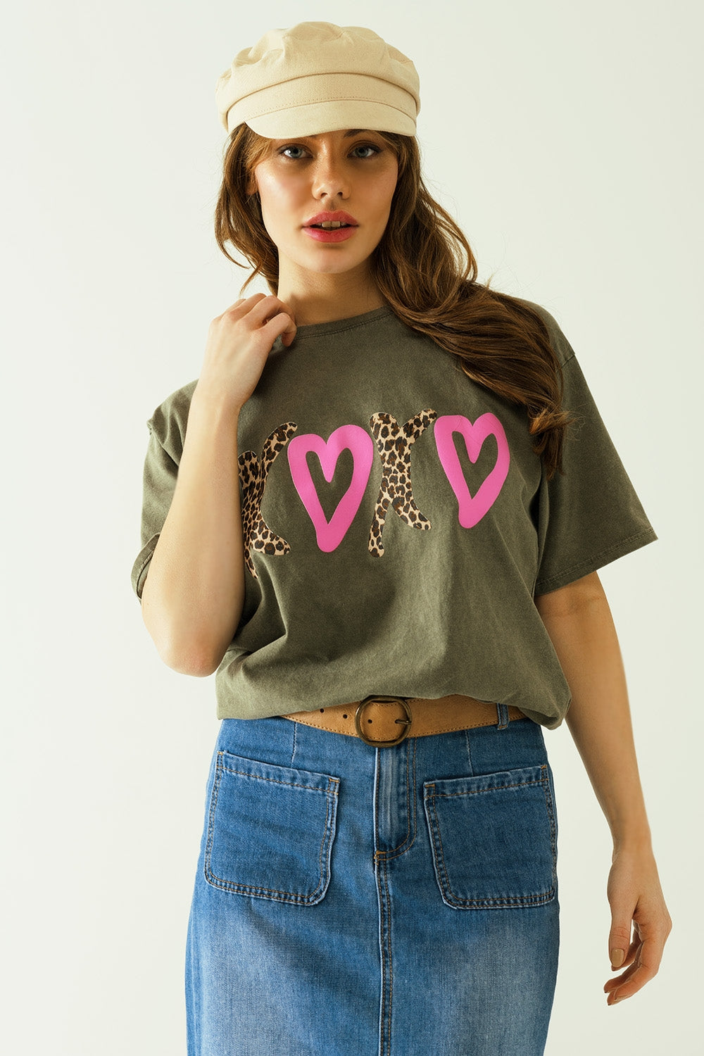 Q2 Khaki t-shirt with the peace and love sign in black and gold