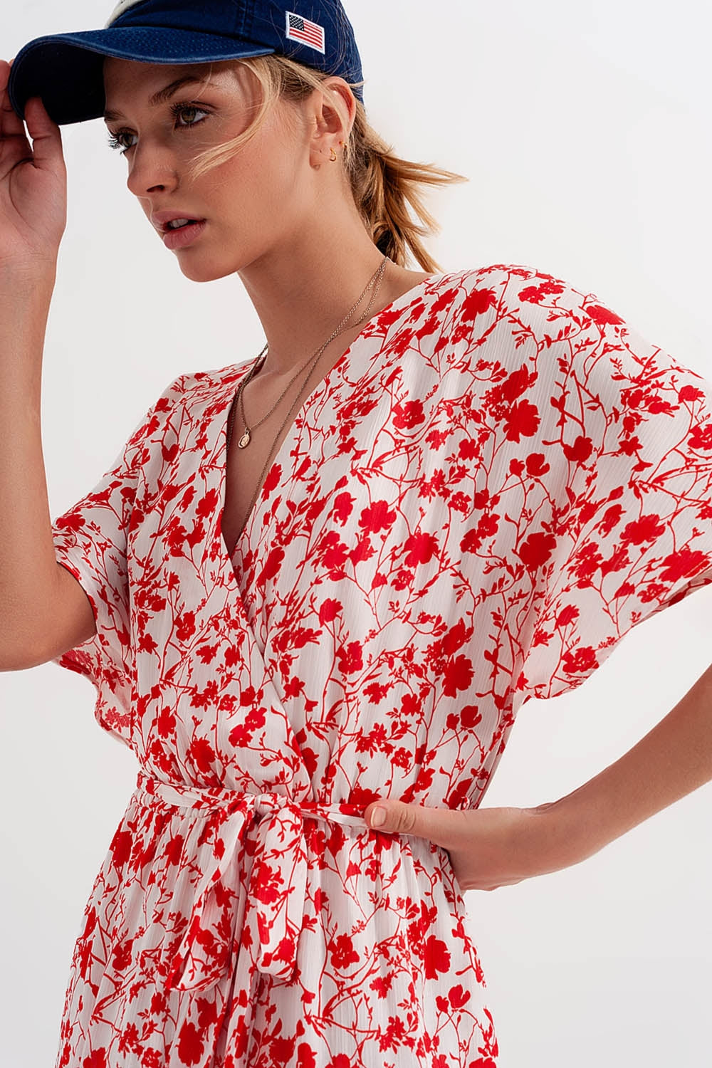 Kimono sleeve wrap midi dress in red floral Szua Store
