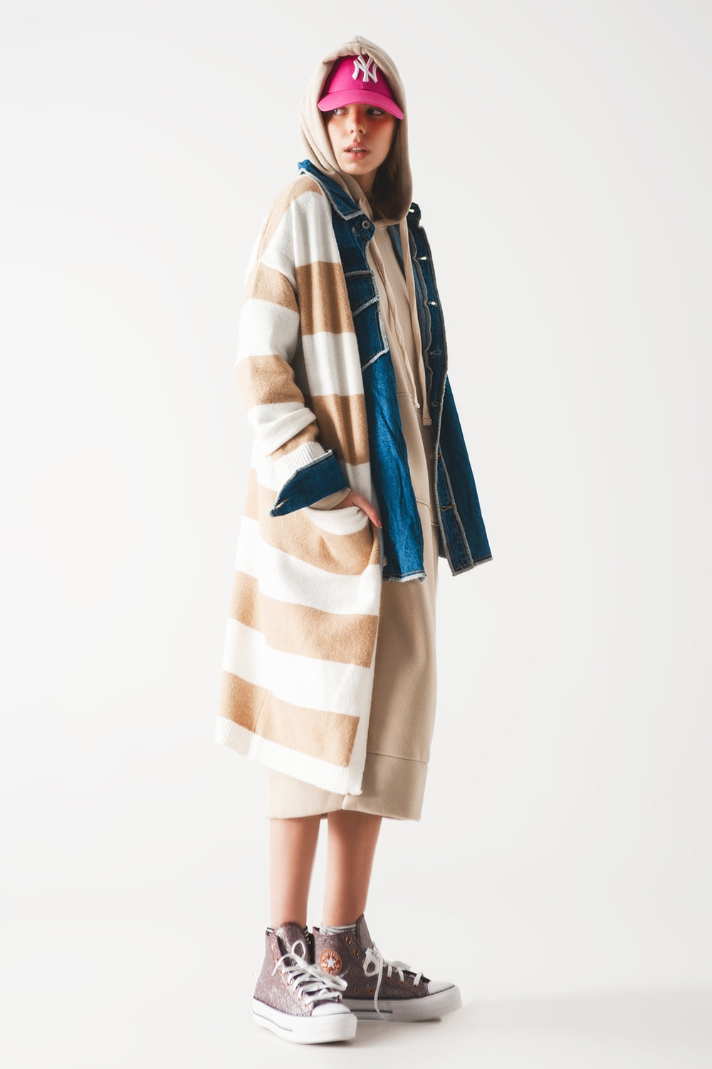 Knit stripe maxi cardi in beige Szua Store