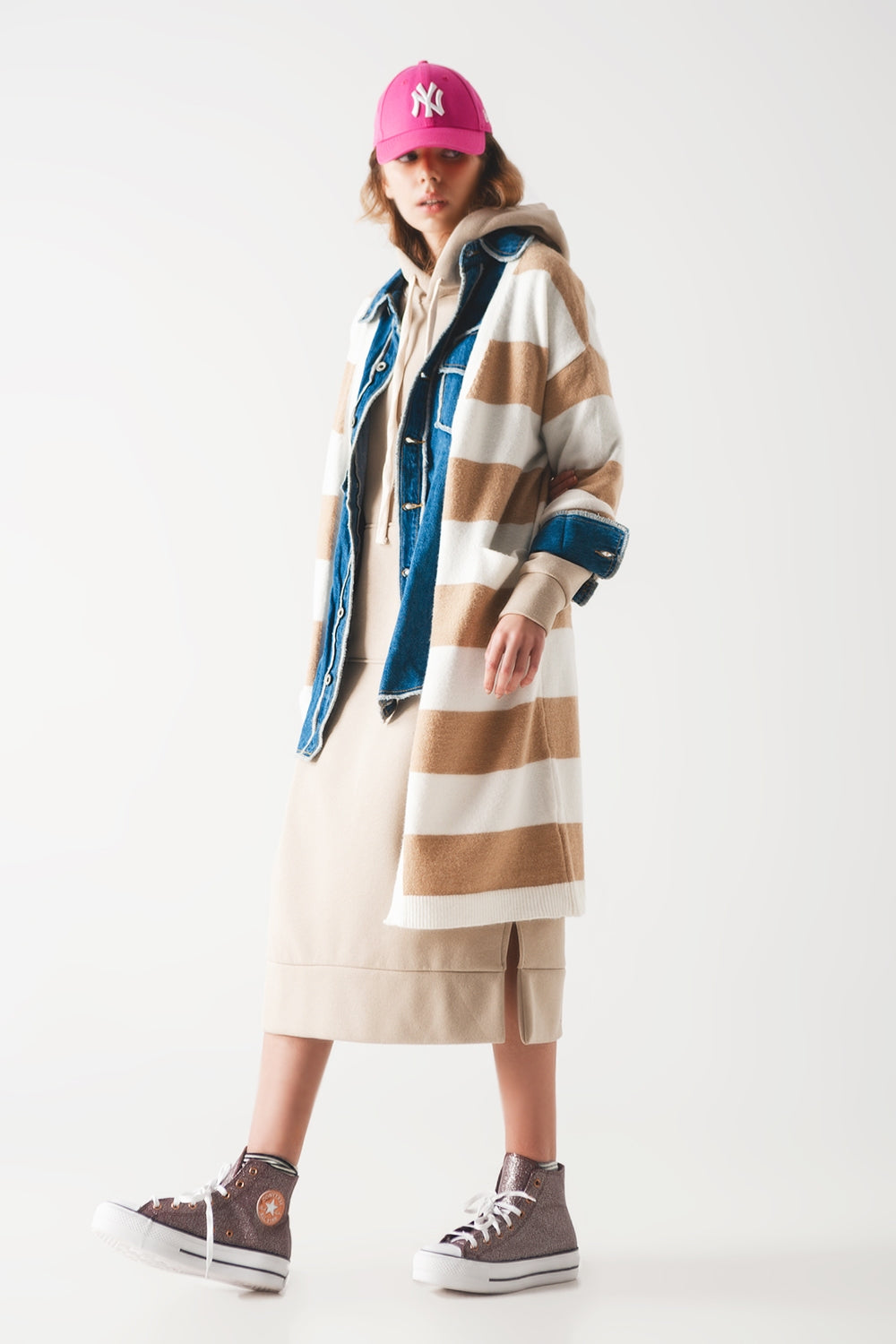 Knit stripe maxi cardi in beige Szua Store