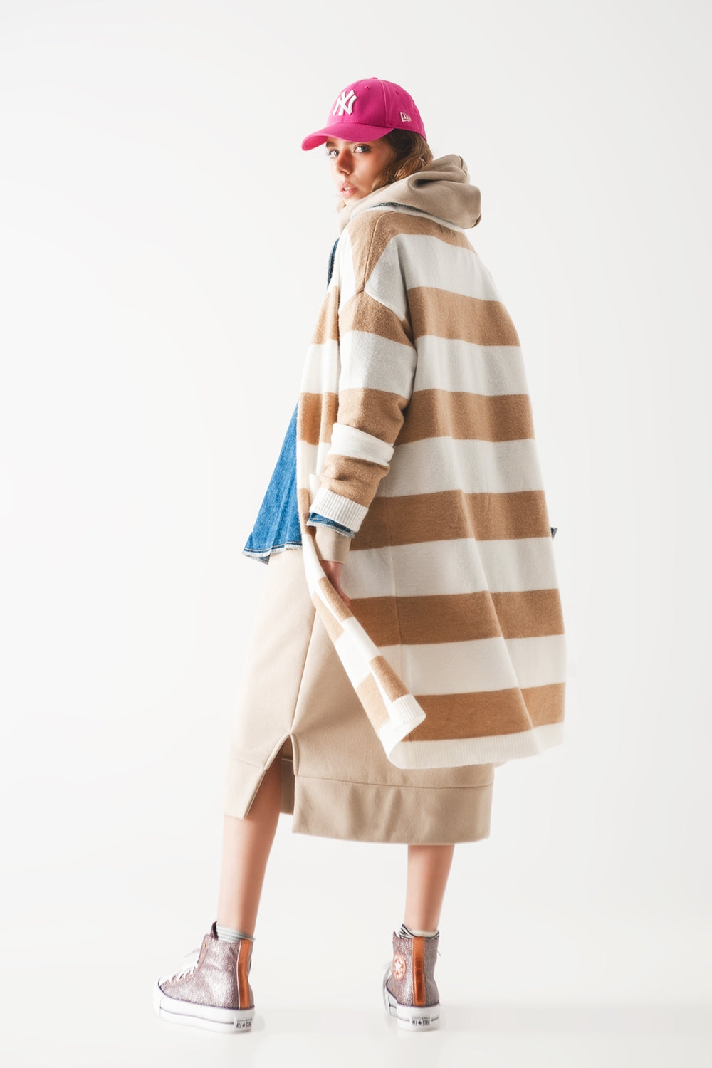 Knit stripe maxi cardi in beige Szua Store