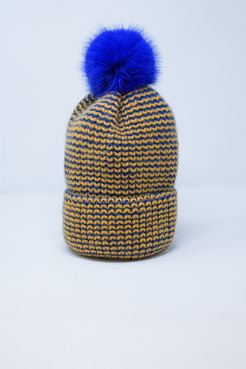 Q2 Knitted Beanie With Pom Pom in Blue and Yellow