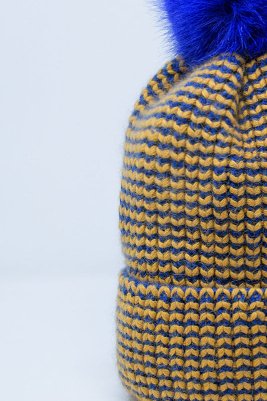 Knitted Beanie With Pom Pom in Blue and Yellow - Szua Store