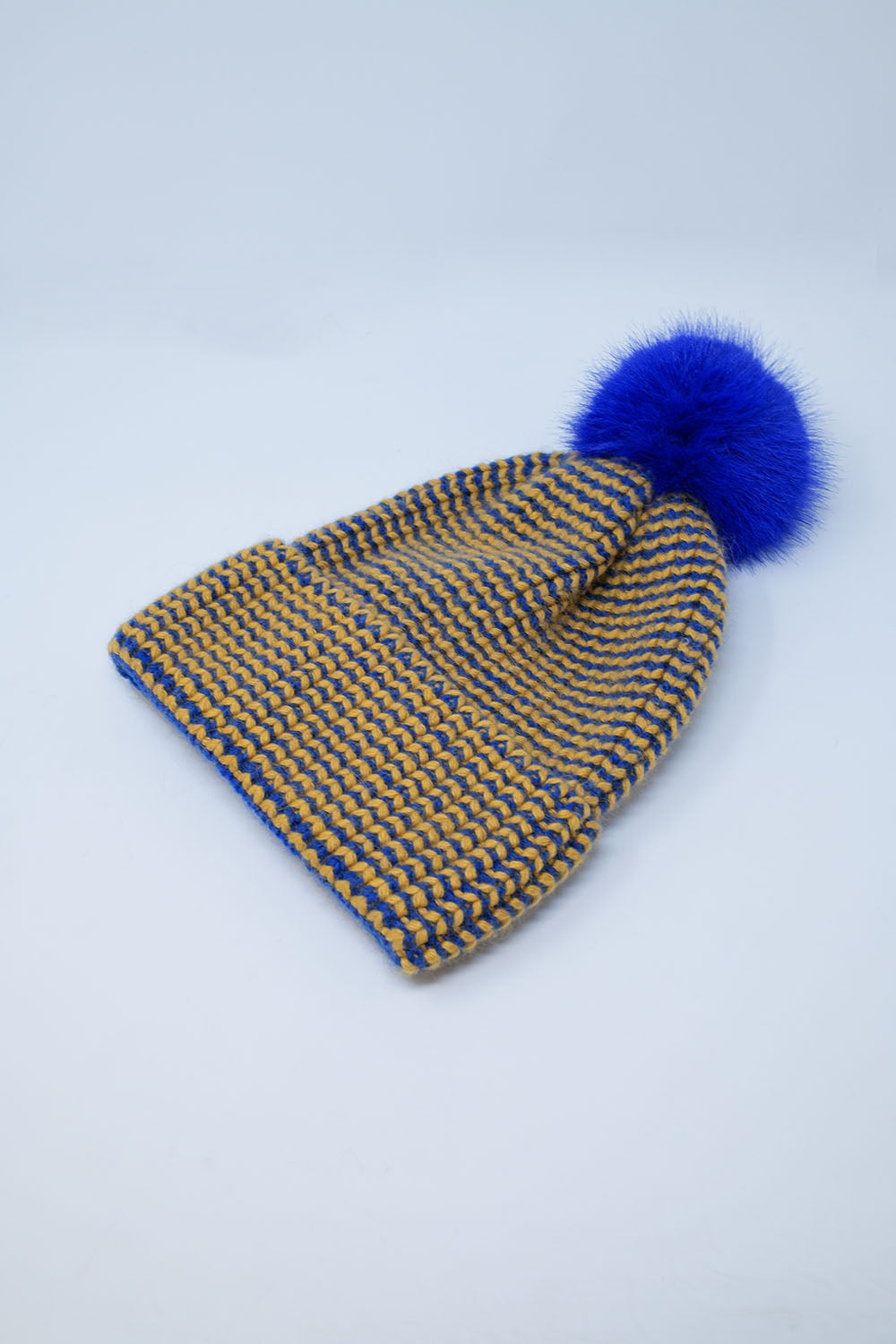 Knitted Beanie With Pom Pom in Blue and Yellow - Szua Store