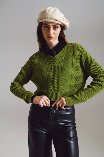Q2 knitted cable Sweater in green with V-neck