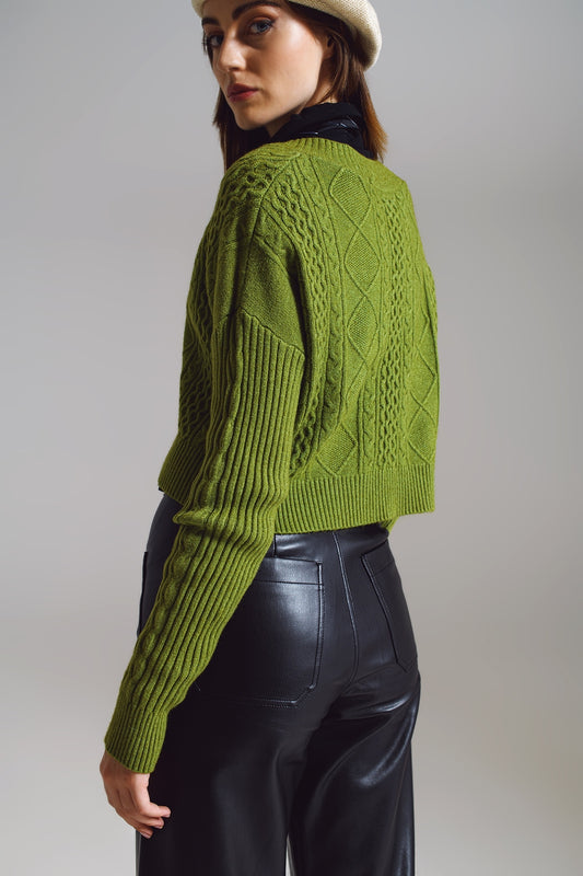 Knitted cable Sweater in green with V-neck