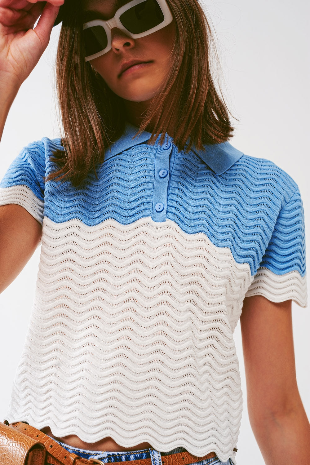 Knitted colour block cropped polo in blue - Szua Store