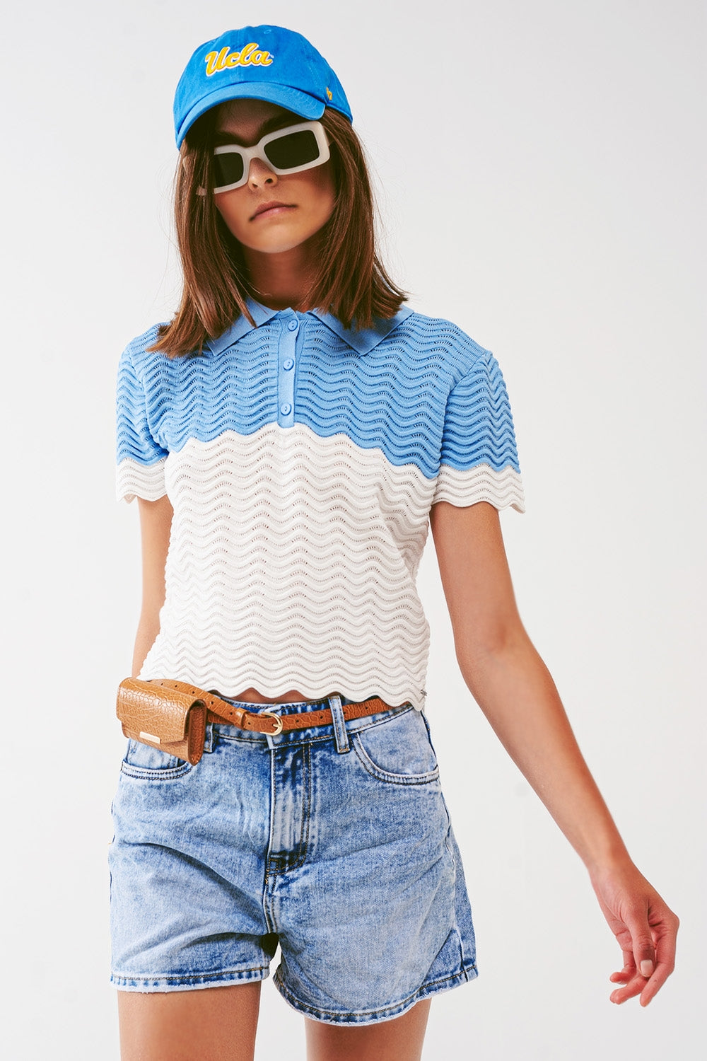 Knitted colour block cropped polo in blue - Szua Store