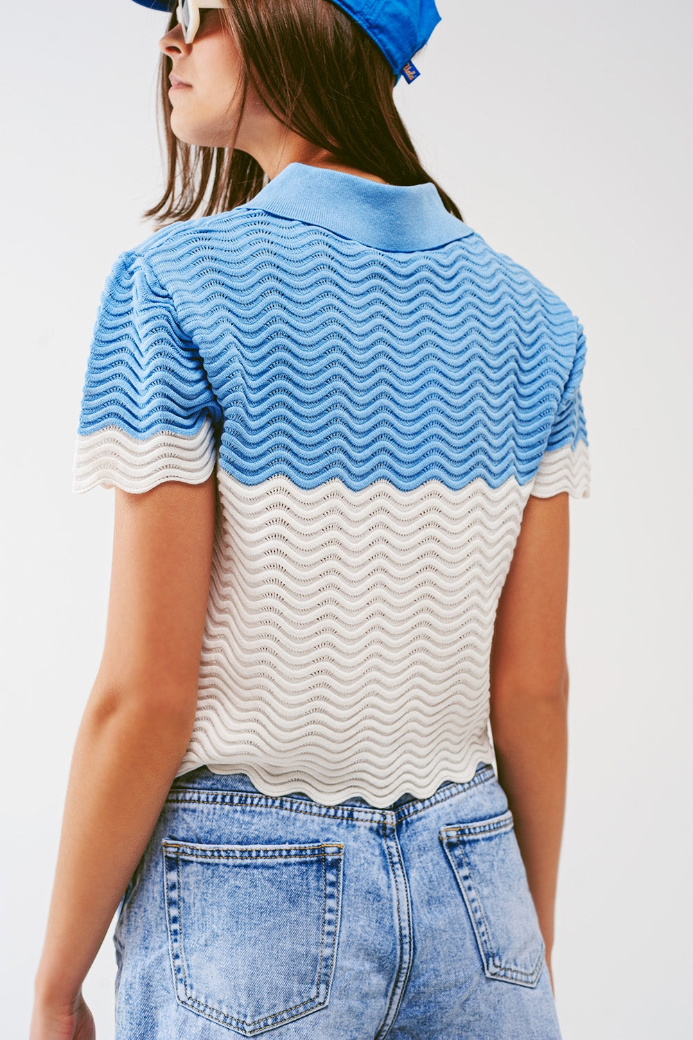 Knitted colour block cropped polo in blue - Szua Store