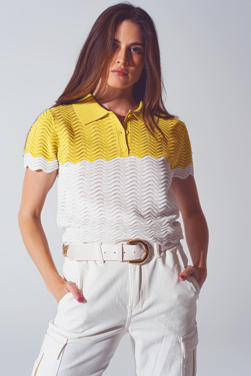 Knitted Colour Block Cropped Polo in White and Yellow - Szua Store